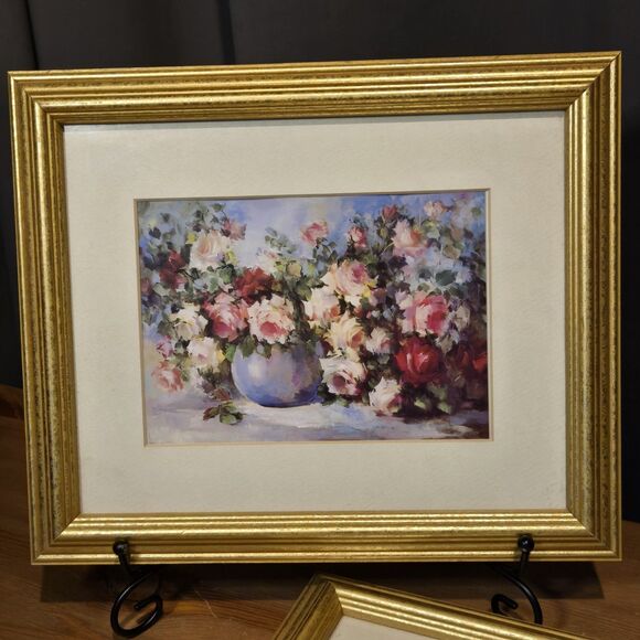 (2) Vtg Art Prints Pink Roses In Vase Penny Dermand Framed Gold 11.5 X 9.5 - Picture 3 of 7